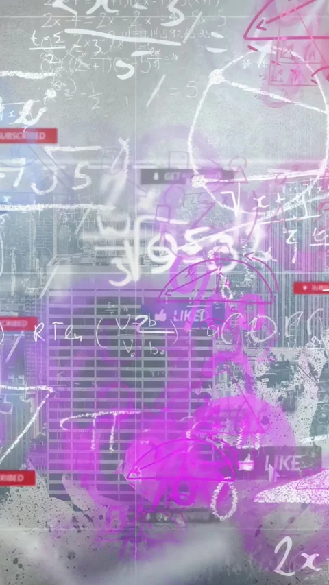 Vertical video: Central tower framing, math grid sparking paint, doodles, LIKED Stock Footage 332823570