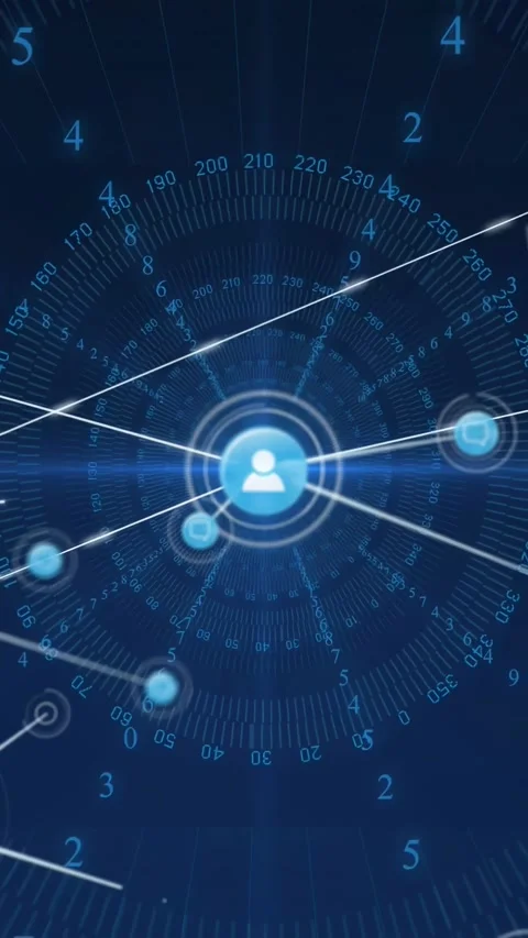 Vertical video: Central user-avatar node pulsing, firing radial lines and nodes 動画素材 334541391
