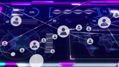 Vertical video: Central user icon spawning nodes across HUD, growing network for Stock Footage 332591782