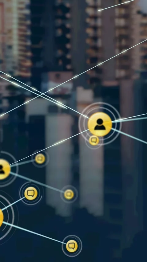 Vertical video: Central yellow node emitting lines, spawning chat bubbles and Video stock 333289460