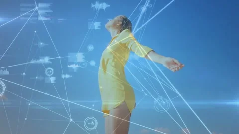 Vertical video: CGI appearing, driving model opening arms, tilting back, forming Stock Footage 332902051