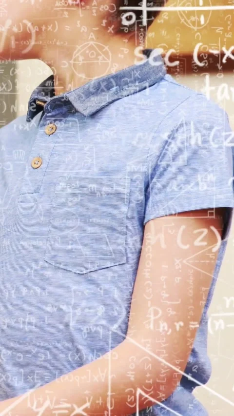 Vertical video: Chalk tapping transparent board, boy writing math equations and Stock Footage 330189501