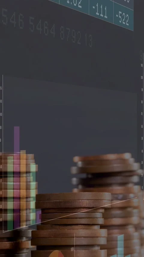 Vertical video: Chart appearing, charts sliding behind coin stacks, showing Stock Footage 335264228