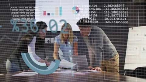 Vertical video: Chart appearing three in suits analyzing data at meeting table Stock Footage 333192964