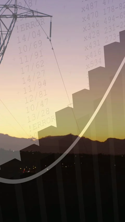 Vertical video: Chart overlay rising on data feed, rail and pylon framing sky, Stock Footage 332747997