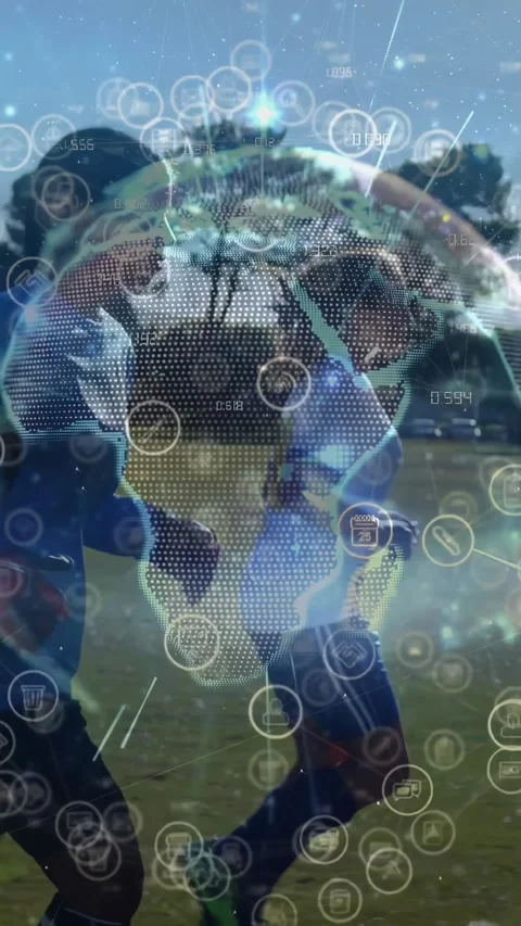 Vertical video: Chasing ball, 2 soccer players running contesting under pulsing Stock Footage 332598780