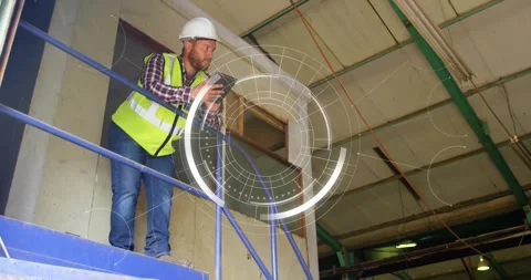 Vertical video: Checking tablet, man tapping by blue rail, logging data in vest, Stock Footage 330444438