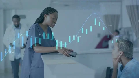 Vertical video: Checking tablet nurse in blue scrubs tapping, showing data at Stock Footage 333019659