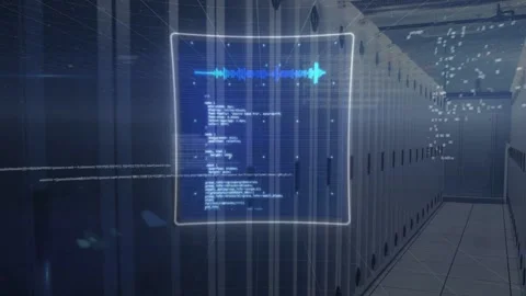 Vertical video: Checks running while camera gliding aisle, holo UI showing Stock Footage 332746948