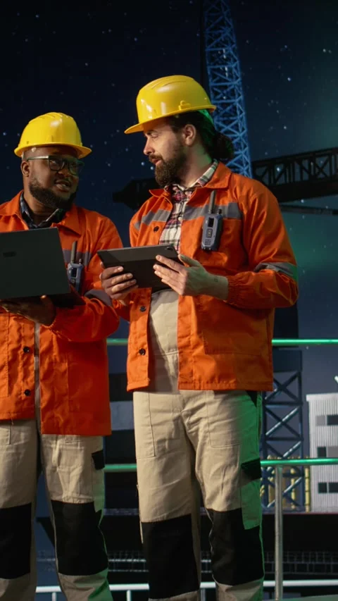 Vertical video Cheerful offshore rig crew members monitoring ship resources Stock Footage 339886939