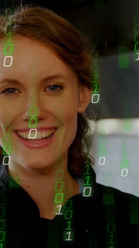 Vertical video: Chef addressing camera while shot rising, green binary scrolling 스톡 동영상 331721053