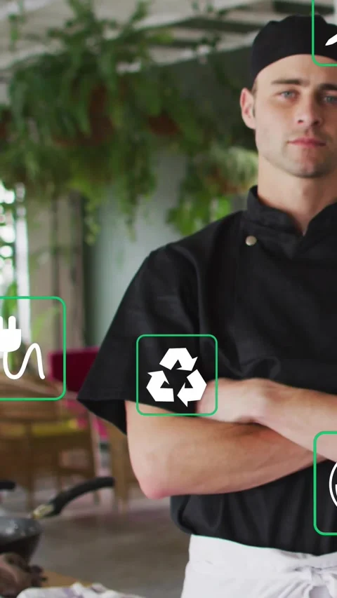 Vertical video: Chef crossing arms at dining while camera zooming, icons over Stock Footage 331703148