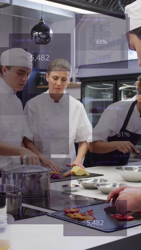Vertical video: Chef gesturing guiding team chopping veg in kitchen for training Stock Footage 333862472