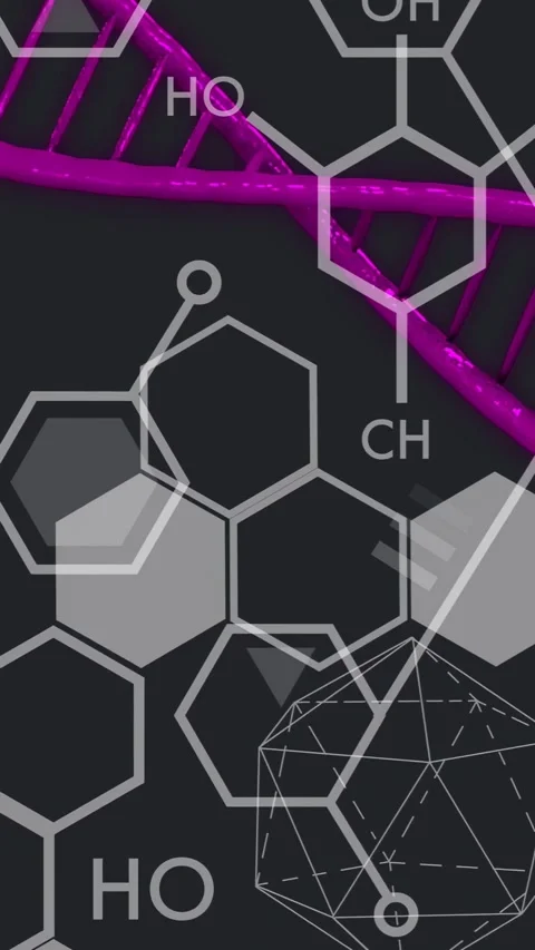 Vertical video: Chem lines appearing, magenta helix sliding, hex tiles rotating, Stock Footage 334792625