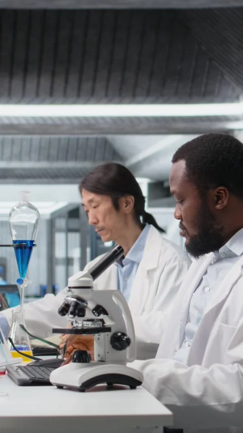 Vertical video Chemical engineer using microscope to evaluate test specimens in Stock Footage 319723518