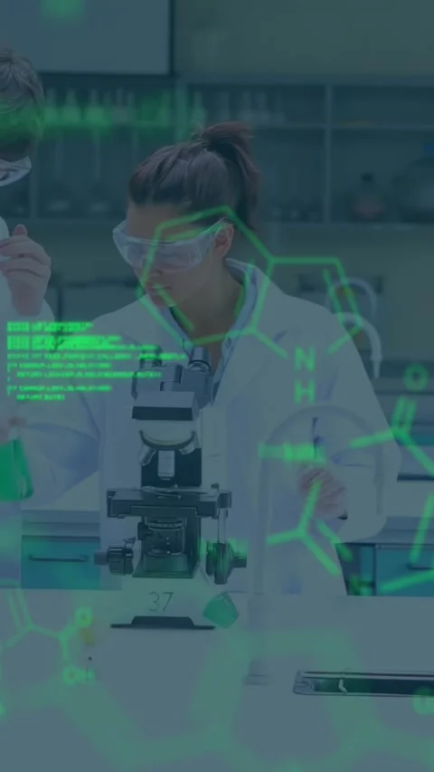 Vertical video: Chemist leaning, starting green AR code at microscope, placing Stock Footage 332278437