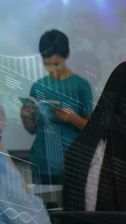 Vertical video: Child boy reading tablet to class after teacher prompt, HUD Stock Footage 331350042