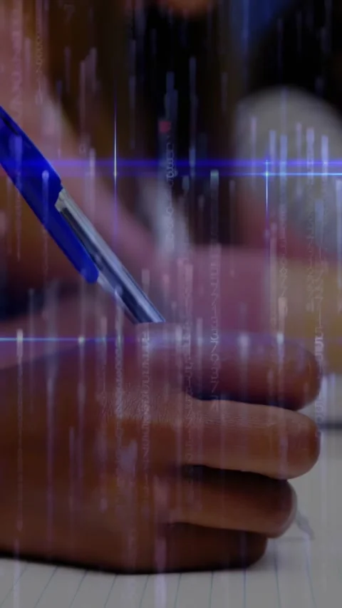 Vertical video: Child hand lowering blue pen writing homework with falling code Stock Footage 330242506