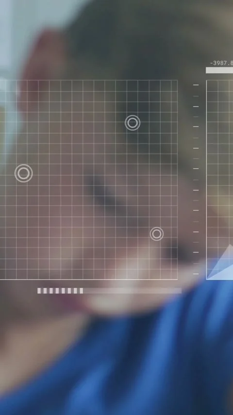 Vertical video: Child looking down starting data overlays forming grids lines Stock Footage 330333046