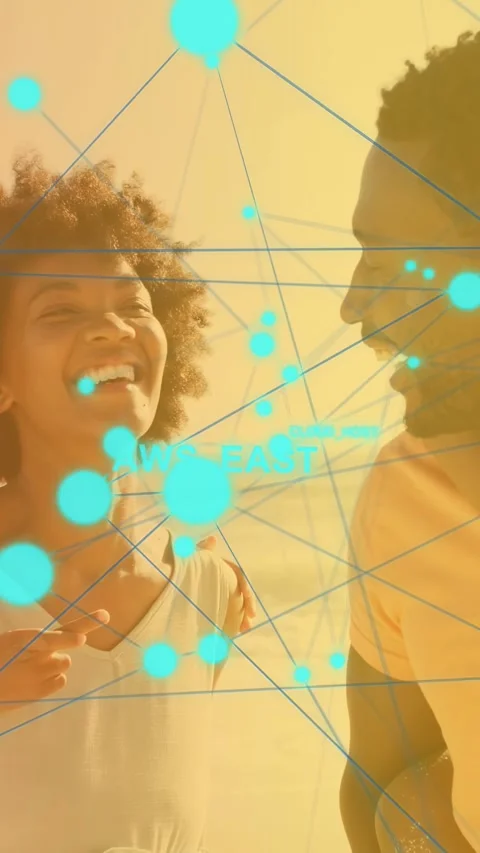 Vertical video: Child pointing causing AWS nodes expanding over sea, showing Stock Footage 333821710