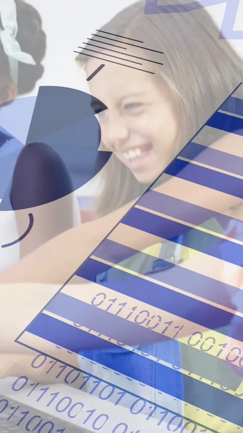 Vertical video: Child pressing keys and pointing, making chart and binary Stock Footage 330655448