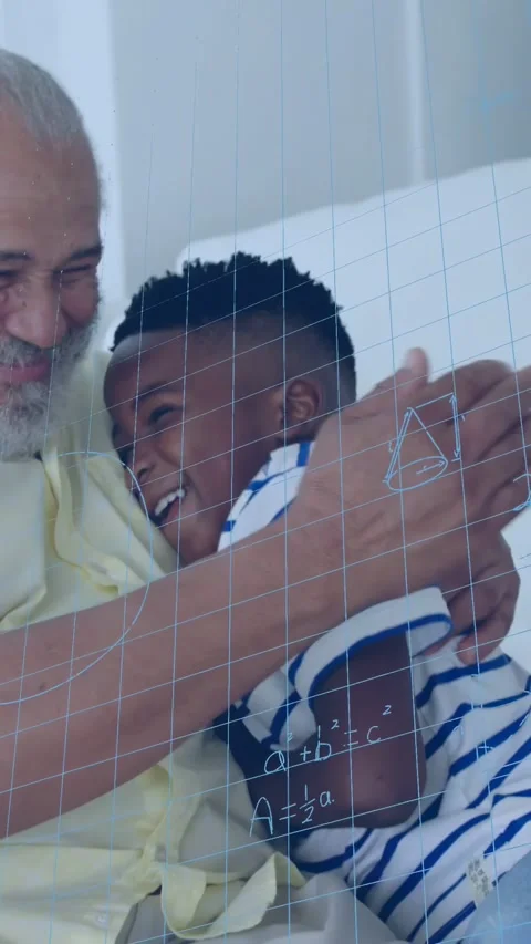 Vertical video: Child reaching sparking hug, man holding child while math grid Stock Footage 335513377