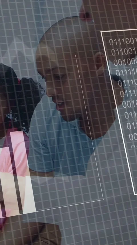 Vertical video: Child tapping phone, senior leaning, HUD animating charts and Stock Footage 333109575