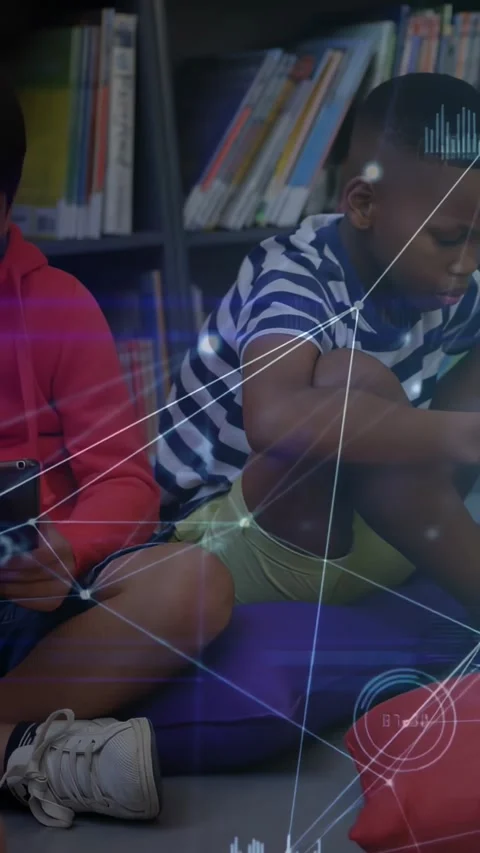 Vertical video: Child tapping tablet sparking HUD across library peer leaning Stock Footage 331337158