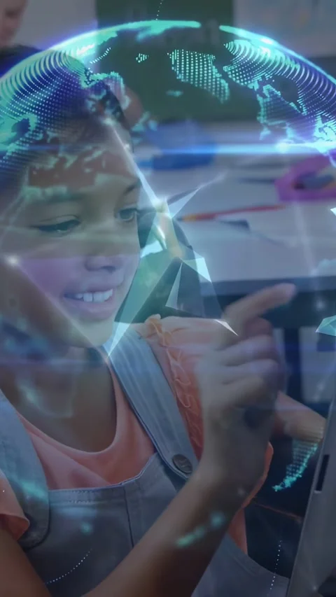 Vertical video: Child tapping tablet in class, sparking node web forming globe Stock Footage 332317934