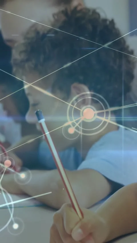 Vertical video: Child writing in class, cam zooming out as HUD tracking pencil Stock Footage 331270922