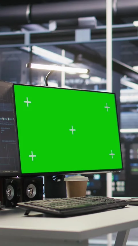 Vertical video Chroma key computer display in server room simulating AI Video stock 309486166
