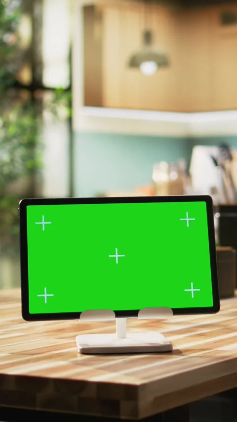 Vertical Video Chroma key display placed on dining table in rustic kitchen Stock Footage 323235540
