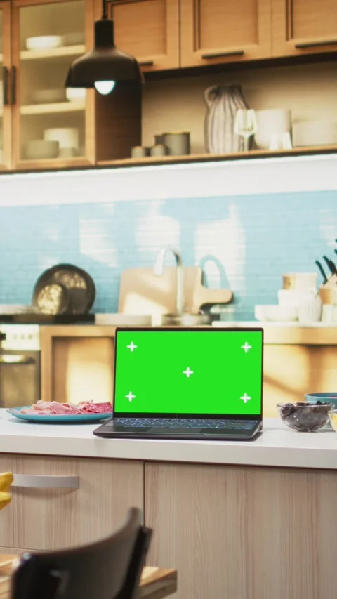Vertical Video Chroma key screen laptop placed on empty wooden table in rustic Stock Footage 325916389
