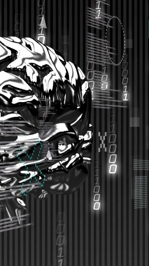 Vertical video: Chrome brain rotating as holographic code panels appear, Stock Footage 334378391