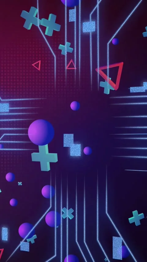 Vertical video: Circuit lines pulsing, neon spheres and plus-blocks moving Stock Footage 334378127