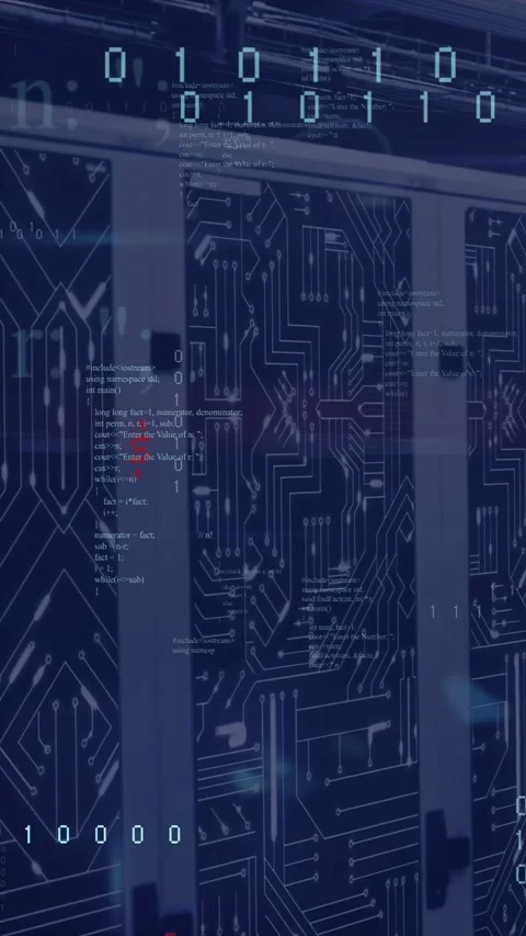 Vertical video: Circuit overlay starting on server racks binary drifting Stock Footage 332595032