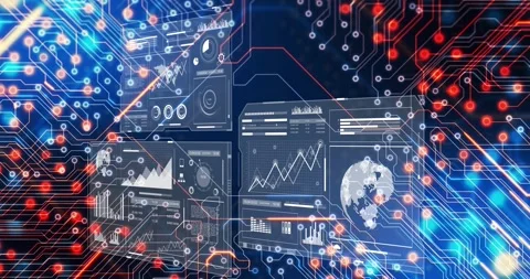 Vertical video: Circuits driving three panels showing live data in deep blue Stock Footage 331125249