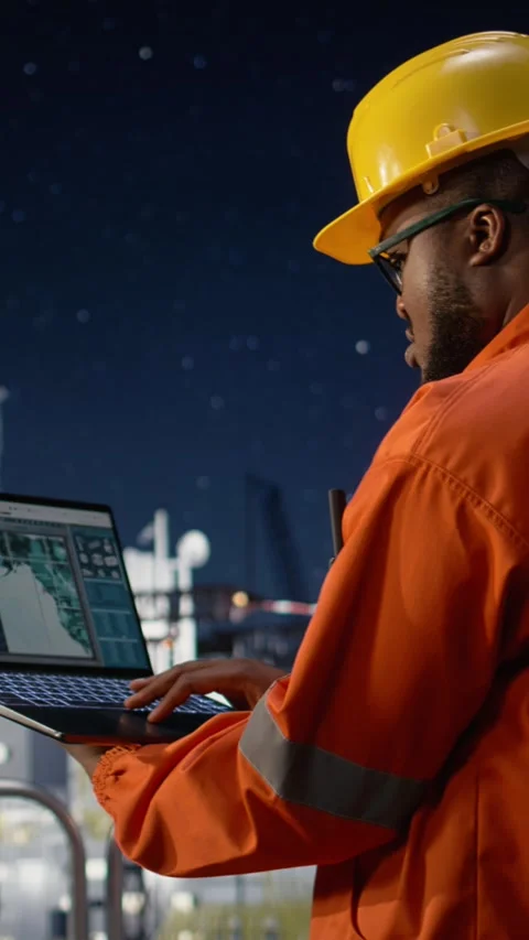 Vertical video Circumventing fuel extraction embargo, map on laptop and offshore Stock Footage 339887407