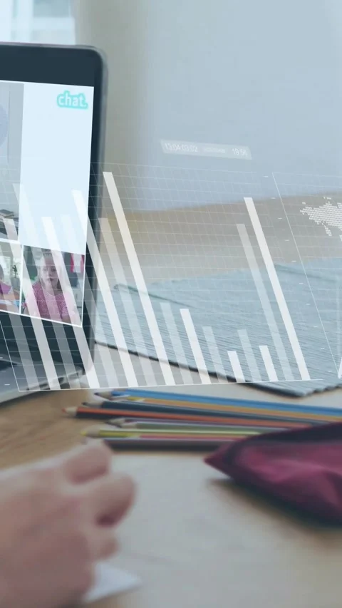 Vertical video: Class starting, child hand making craft by tablet while charts Stock Footage 331333967