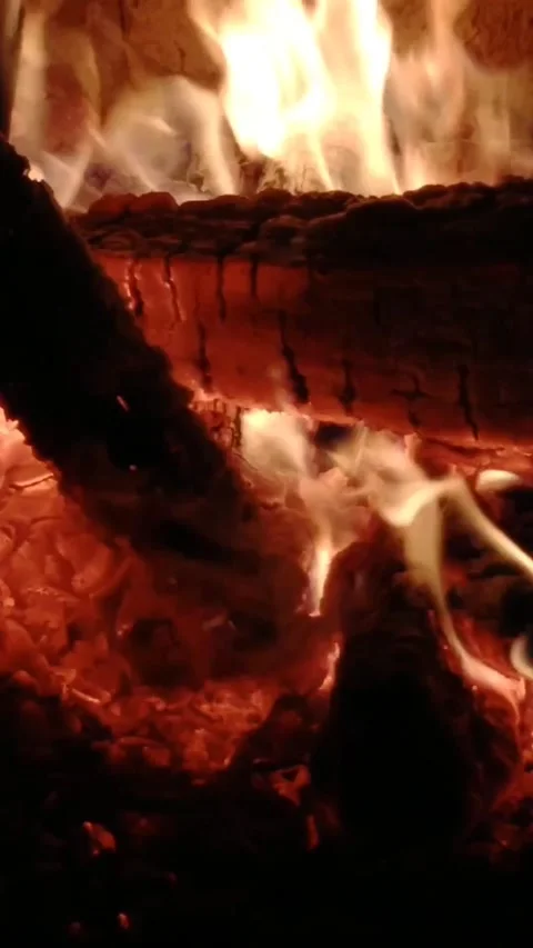 Vertical video of a classic fireplace with a flame from burning wood Stock Footage 172442781