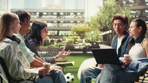 Vertical Video Classmates gesture during group study discussion outdoors on Stock Footage 340797266
