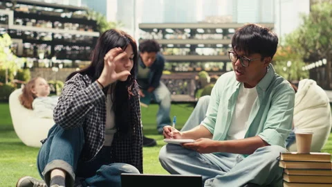 Vertical Video Classmates in study session sitting on grass with laptop placed Stock Footage 340796805