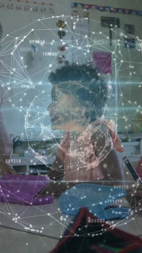 Vertical video: Classroom girl looking up on teacher prompt for help, globe Stock Footage 331274154