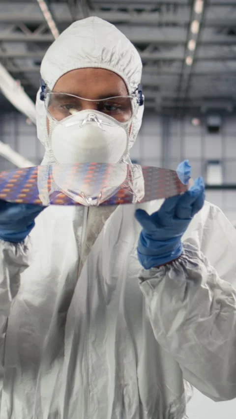 Vertical video Cleanroom technician holding processed silicon wafer Stock Footage 333614783