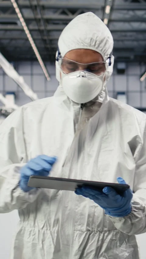 Vertical video Cleanroom worker tracking semiconductor fabrication lots with Video stock 333614752
