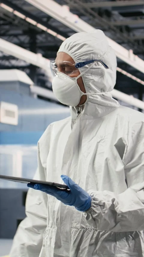 Vertical video Cleanroom worker tracking semiconductor fabrication lots with Stock Footage 333615157