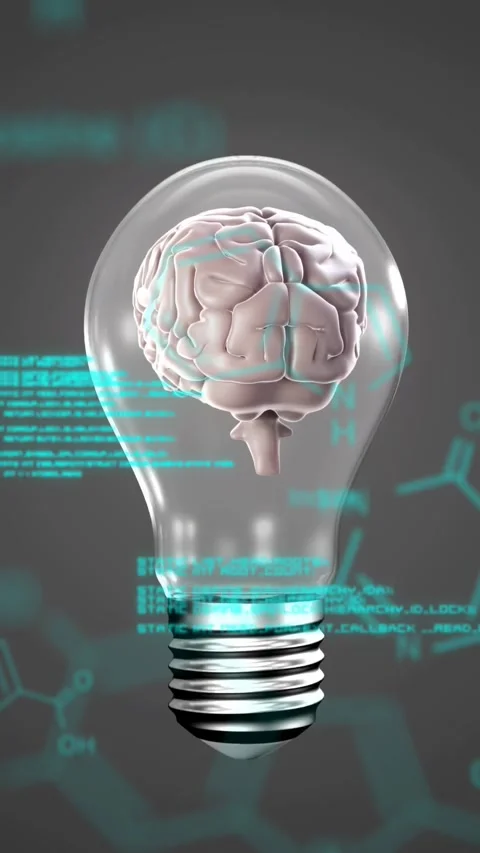 Vertical video: Clear bulb with brain rotating after teal code scrolling, Stock Footage 330395435