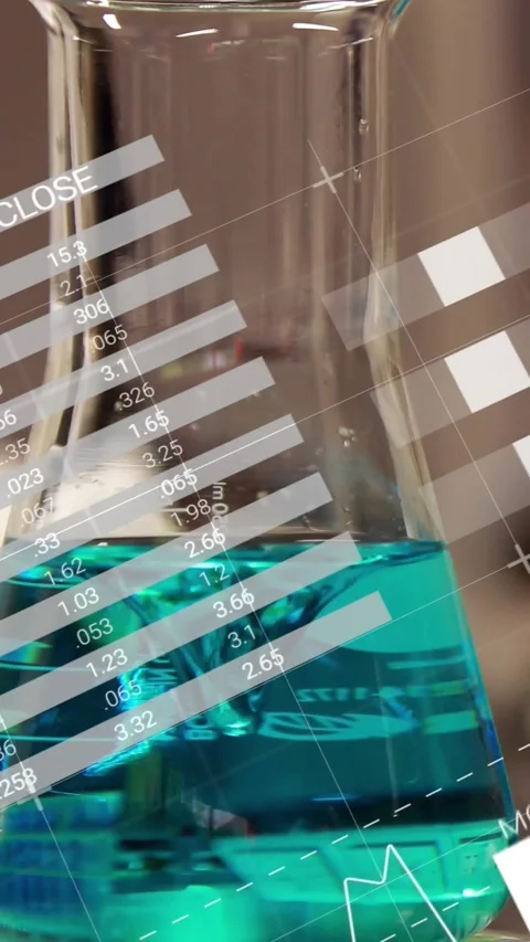 Vertical video: Clear glass flask teal swirling in lab, HUD sliding causing test Stock Footage 330509920