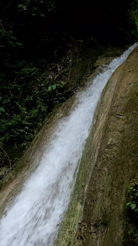 Vertical video of a clear mountain waterfall flowing through solid rock Stock Footage 321325541
