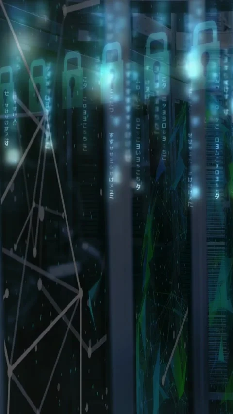 Vertical video: Clear panels sending teal beam causing code flowing and locks Stock Footage 332595146